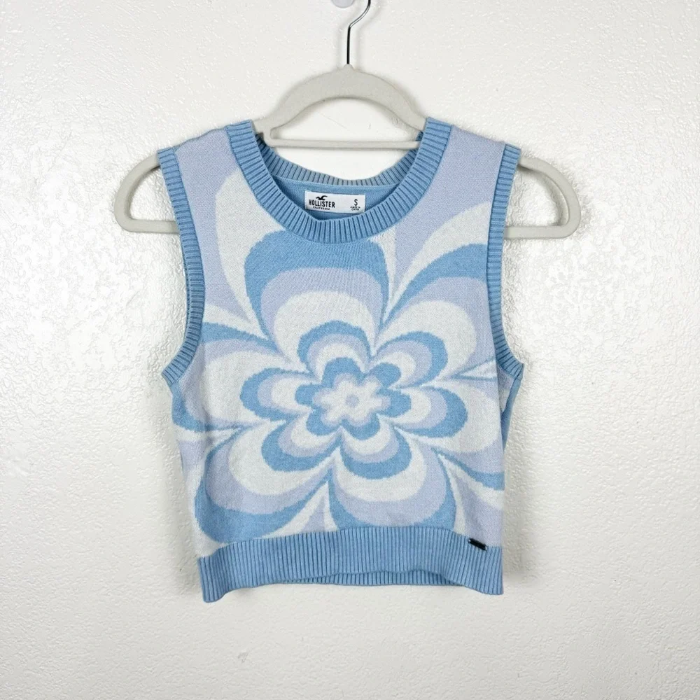 Hollister Flower Print Sweater Vest Tank Top in Blue Cotton Blend Size Small